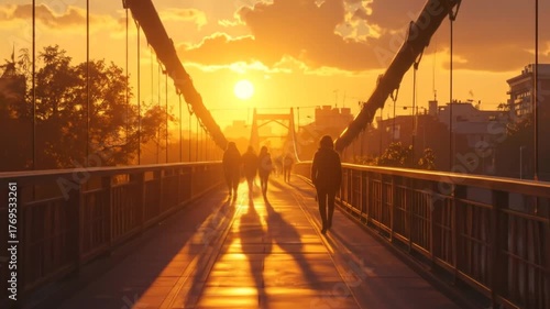 Silhouettes of people walking across a bridge at sunset with warm golden light in an urban setting