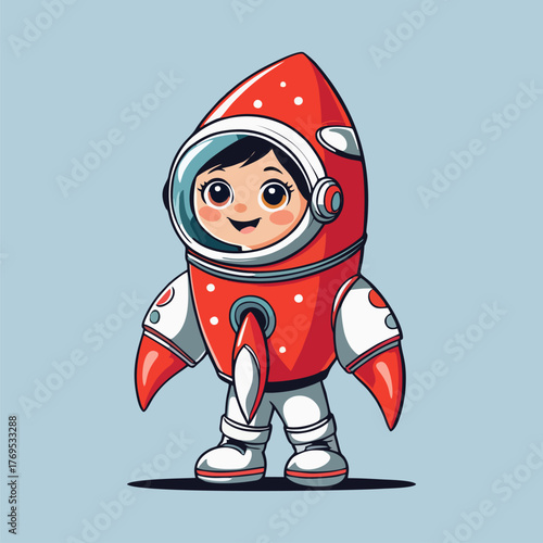 An adorable scene featuring a cheerful astronaut in a vibrant spacesuit, sitting cross-legged on the lunar surface, as they build a miniature rocket from colorful blocks, with planets peeking in the s