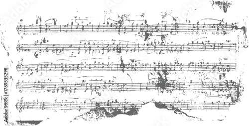 A black and white image of a torn antique musical score with handwritten notes and symbols on a white background.	
