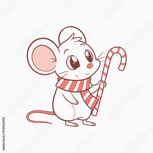 Cute cartoon mouse wearing a scarf and holding a candy cane