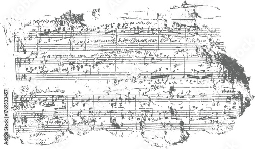 torn sheet of gray paper with handwritten musical notes and symbols on white background.