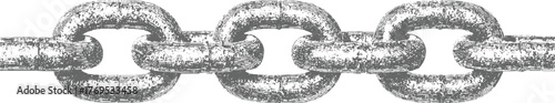 monochrome illustration of series of interlocking metal chain links against white background.