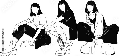 Three faceless women in fashionable clothing and colorful platform boots