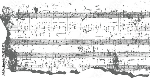 distressed torn sheet of paper displaying handwritten musical notation with staves and notes.