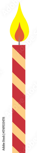 A birthday candle in red and off-white is seen isolated on a white background in a vector image.
