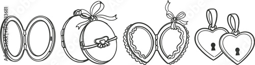 Illustration of various open lockets and heart shaped lockets with bows