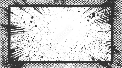 black ink splatter and line frame surrounds white space with scattered black dots.