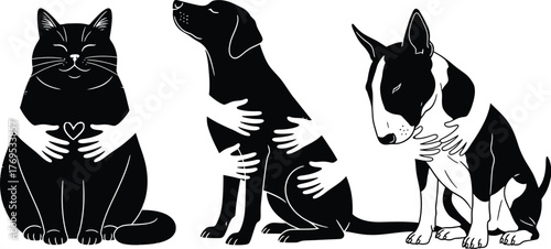 Animals embraced by hands showing love and affection in black and white