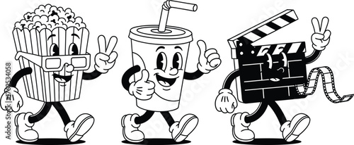 Cartoon movie characters popcorn drink and clapper board walking together