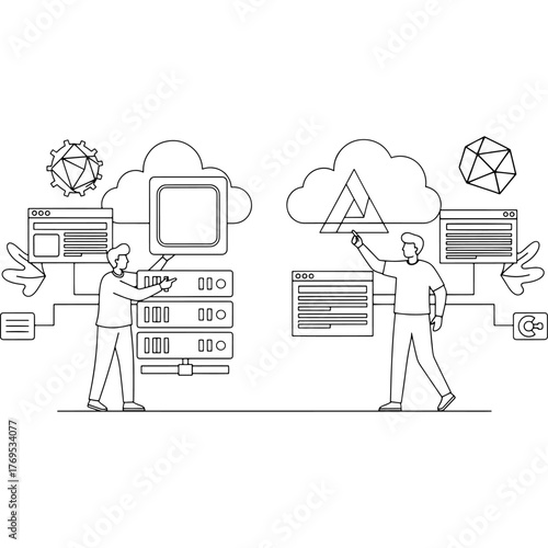 Data transfer from on-premises server to cloud platform. System administrators are performing data synchronization. Digital technology and networking. Minimalist outline illustration.