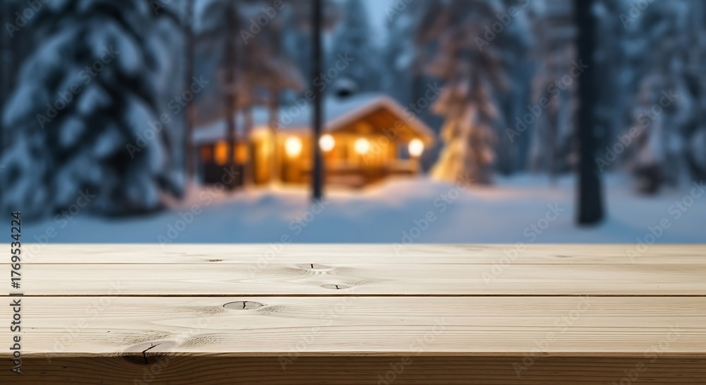 custom made wallpaper toronto digitalWooden table with blurred winter cabin in the background at night