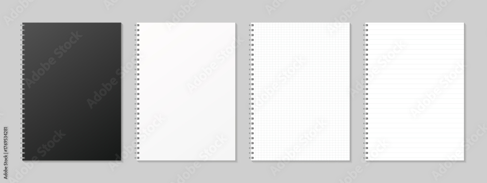 Realistic notebook cover mockup and paper pages with lines and grid. Diary white and black. Blank notebook mockups. Clean pages with ring binders. Vector illustration