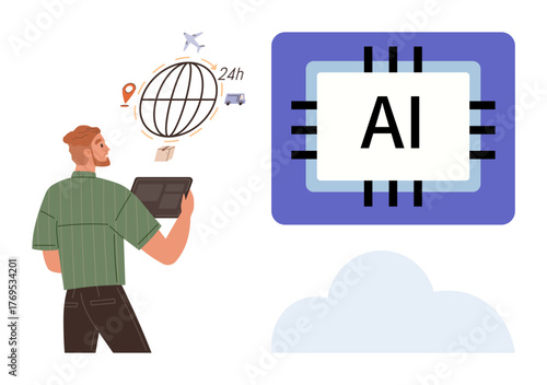 Man holding tablet, observing global connectivity icons thumbs up globe, quadcopter, and truck, alongside AI chip. Ideal for innovation, AI, technology, logistics connectivity cloud computing