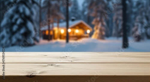 Wallpaper Mural Wooden table with blurred winter cabin in the background at night Torontodigital.ca