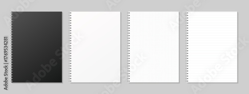 Realistic notebook cover mockup and paper pages with lines and grid. Diary white and black. Blank notebook mockups. Clean pages with ring binders. Vector illustration