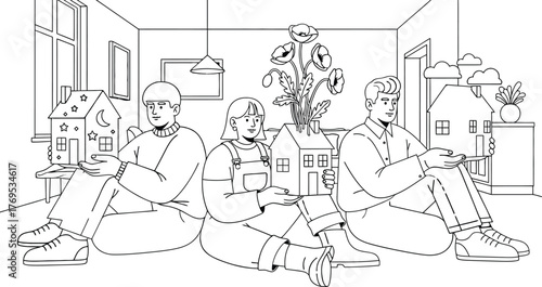 Three people holding houses with different themes in a blue room art