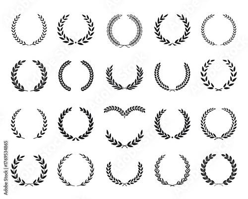 Set of different black and white silhouette laurel foliate and olive wreaths depicting an award, achievement, heraldry, nobility, emblem. Vector illustration.