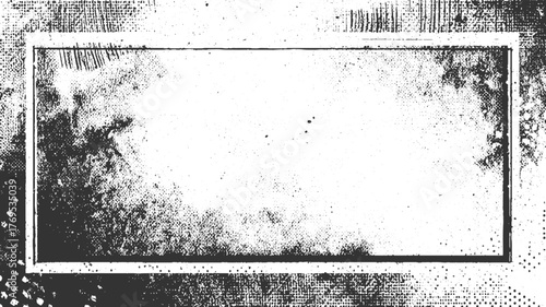 black and white distressed rectangular frame with textured background and scattered dots.