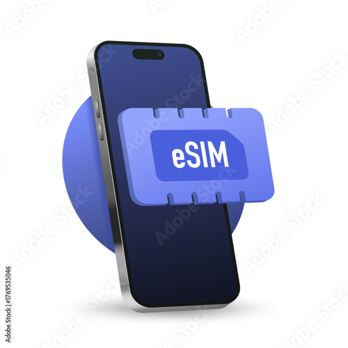 Mobile device with a chip eSIM. eSIM technology simplifies mobile connectivity, enabling seamless activation and global roaming. Embedded SIM. eSIM modern chip. Vector illustration