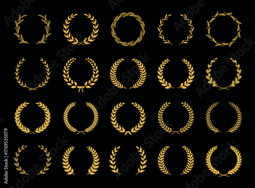 Set of different golden silhouette laurel foliate, wheat and olive wreaths depicting an award, achievement, heraldry, nobility, emblem, logo. Vector illustration.