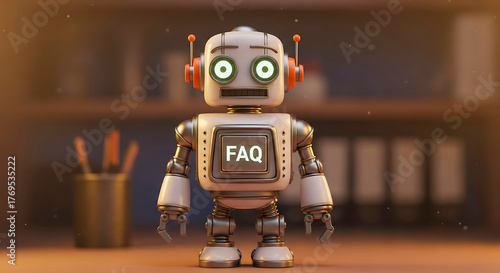 Cute robot with F A Q screen on chest frequently asked questions