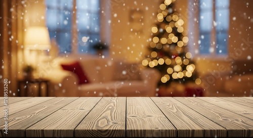 Wooden table with blurred christmas tree and bokeh lights in living room