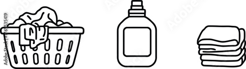 Monochrome Illustration of Three Stylized Laundry Elements Including Clothes-Filled Basket Detergent Bottle and Folded Garments in a Black and White Design Representing Washing and Household Chores