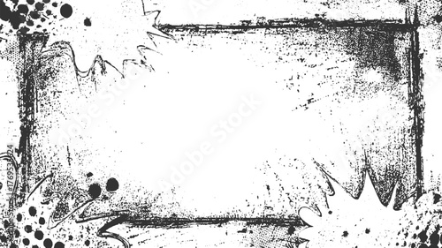 black and white distressed grunge frame with ink splatters and comic book style elements.