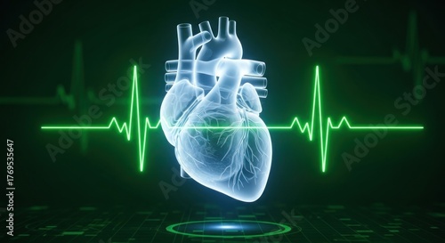 A transparent heart with a green heartbeat line on a dark background.