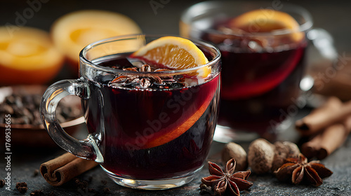 Fototapeta Naklejka Na Ścianę i Meble -  Mulled Wine with orange and spice close-up view