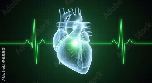 A transparent heart with a green heartbeat line on a black background.