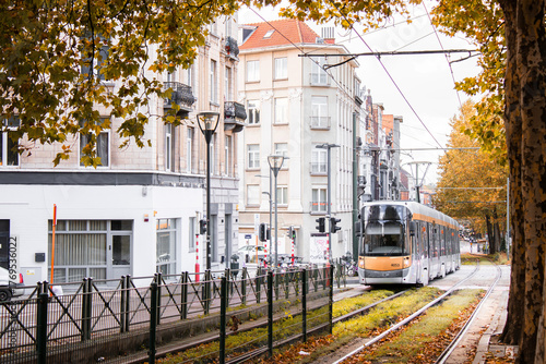 Modern tram moving along tree-lined tracks in autumn Brussels. Ideal for public transport promotion, eco mobility themes, city infrastructure, sustainability and European travel marketing.