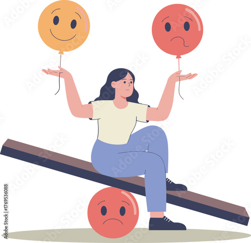 Woman balancing happy and sad balloons on seesaw person