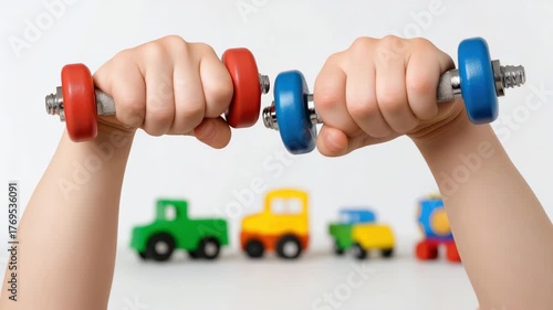 Children exercising with dumbbells against colorful toy background in high resolution