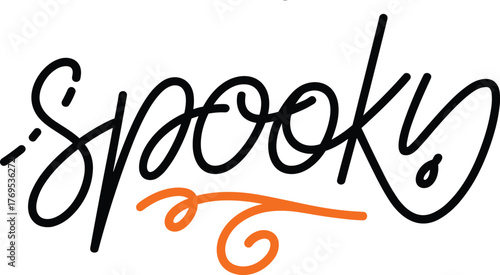 Stylized spooky text design with black and orange handwritten typography, Halloween calligraphy word art, modern festive lettering for decoration and design