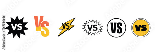 Versus Battle Logo Vector Set – 6 VS Icons Featuring Starburst, Lightning, and Circular Designs for Gaming, Sports Match, and Competition Interface Graphics