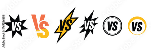 Gaming and Sports VS Logo Vector Set – 6 Versus Battle Icons Featuring Lightning, Circular, and Starburst Designs on White Background