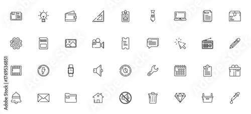 Essentials_4803 icon set. Minimal vector icons pack.Includes Bookmark, Bulb, Wllet, Laptop, Email, Settigs, Gift, Calendar and mor. Editable stroke.