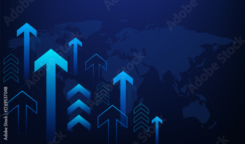 Business arrow up growth Investment technologies, finance and investment profit growth on map technology. Trading stock increase on blue background. Fantastic hi-tech design. Vector illustration