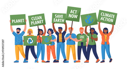 Diverse group advocating for climate action with eco-friendly signs