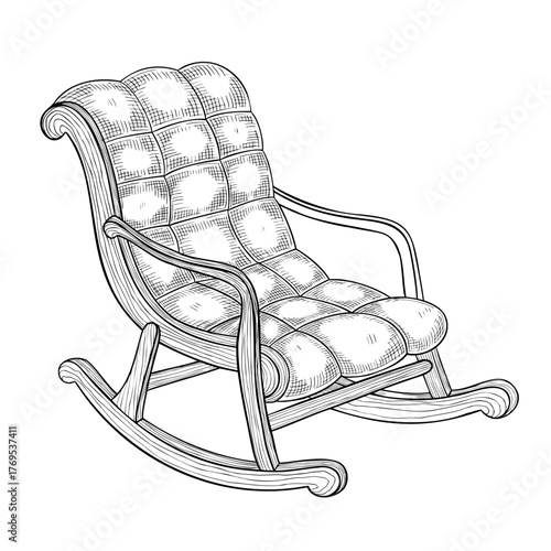 Vector illustration of a cushioned rocking Armchair in engraving style. Drawing of home furniture for vintage interior designs. Outline art painted by black inks on isolated background.