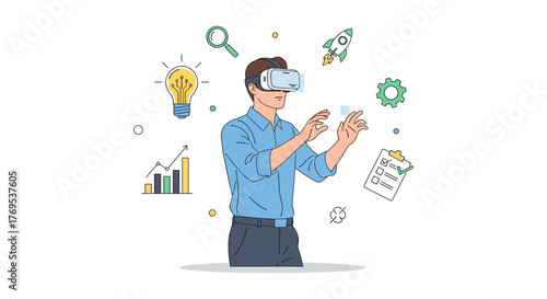 Futuristic innovation: man exploring virtual reality in technology-themed setting