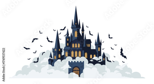 Haunted castle surrounded by bats in mystical fog