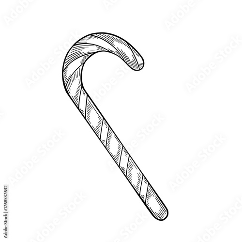 Engraved vector illustration of a striped Candy cane in vintage style. Drawing of Lollipop for Christmas greeting cards or New Year invitations. Art of sweet dessert for Xmas design painted by inks.