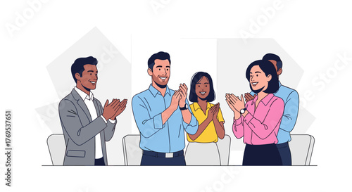 Team cheering and applauding in meeting room - collaborative success celebration