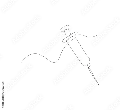 Continuous one line drawing of a syringe.white background, Illustration of a single line drawing of a medical syringe. Medical health, anti virus concept in one line. Editable outline