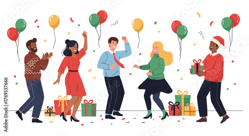 Festive party celebration with diverse people, balloons, and gifts