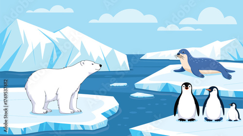 Arctic Landscape Vector Illustration, Cartoon Polar Scene with Polar Bears, Penguins, Seal, Glacier, and Snow Mountains for Winter, Nature, and Wildlife Design