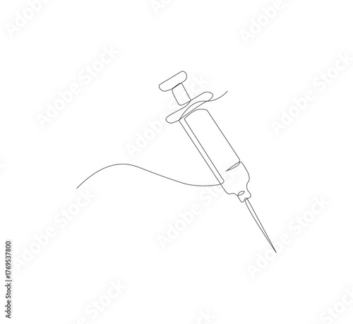 Continuous one line drawing of a syringe.white background, Illustration of a single line drawing of a medical syringe. Medical health, anti virus concept in one line. Editable outline