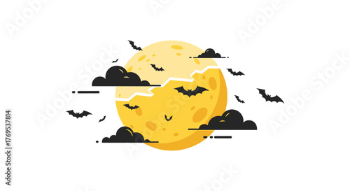 Halloween night with bats flying across the moon and clouds